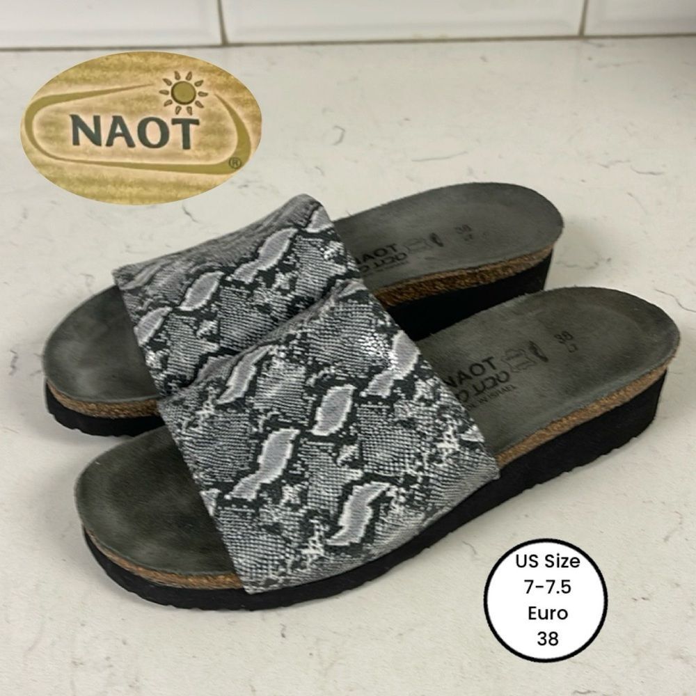 NAOT Alana Sandal Black/White Python Stretch Women’s Size 7-7.5 Euro 38 Mule